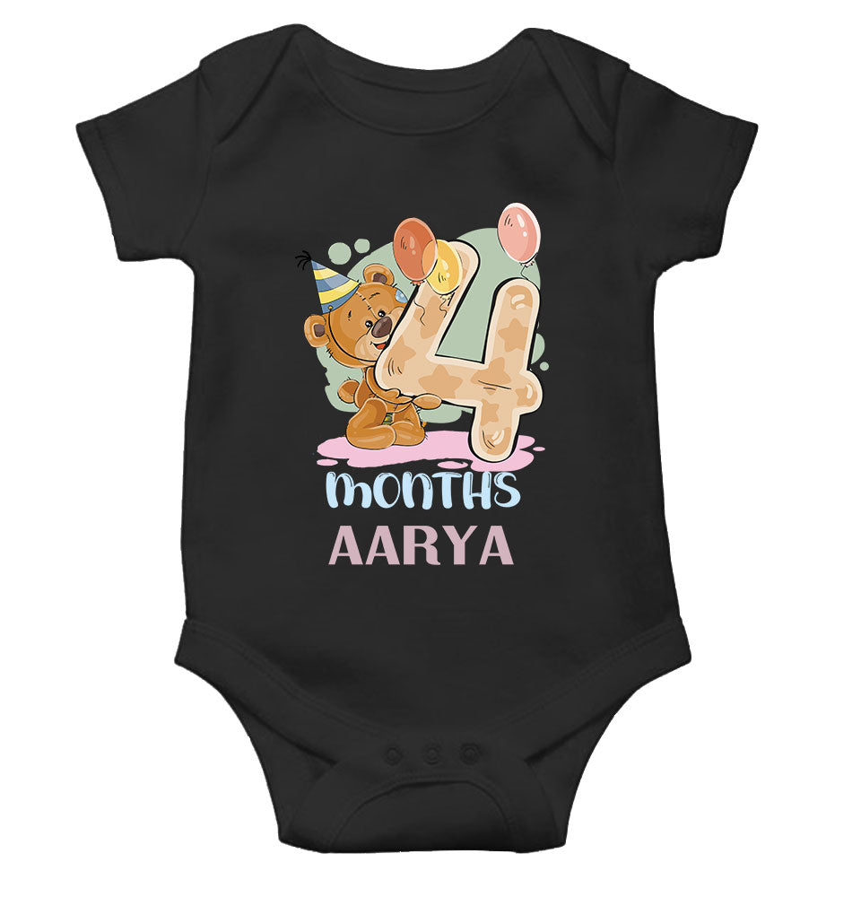 Custom Name 4 Month Birthday Teddy Design Rompers for Baby Girl- FunkyTeesClub
