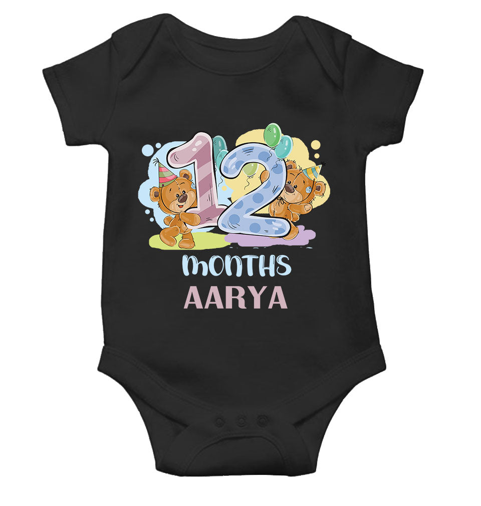 Custom Name 12 Month Birthday Teddy Design Rompers for Baby Girl- FunkyTeesClub