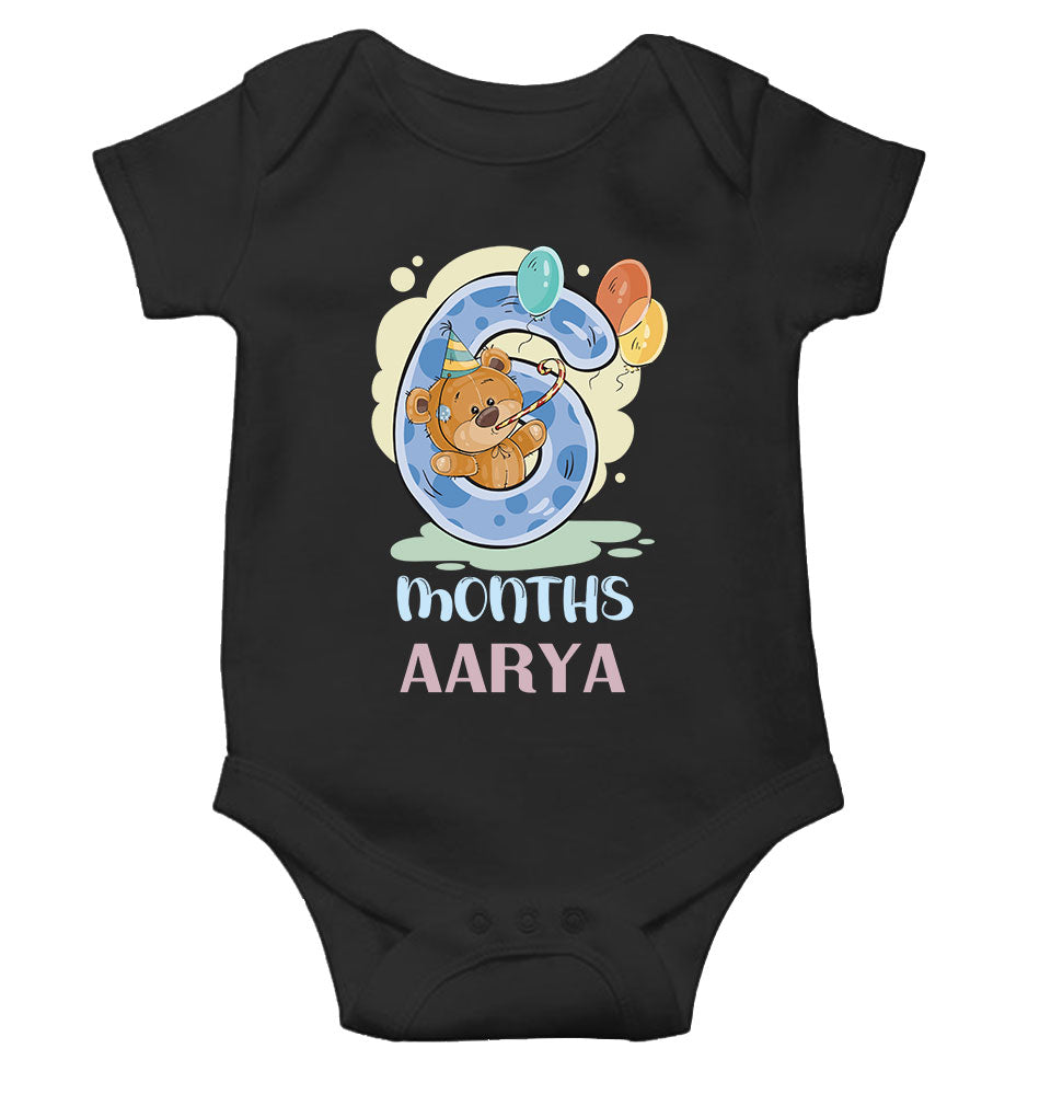 Custom Name 6 Month Birthday Teddy Design Rompers for Baby Girl- FunkyTeesClub