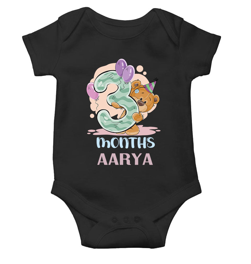 Custom Name 3 Month Birthday Teddy Design Rompers for Baby Girl- FunkyTeesClub