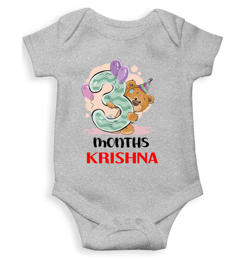 Custom Name 3 Month Birthday Teddy Design Rompers for Baby Boy- FunkyTeesClub