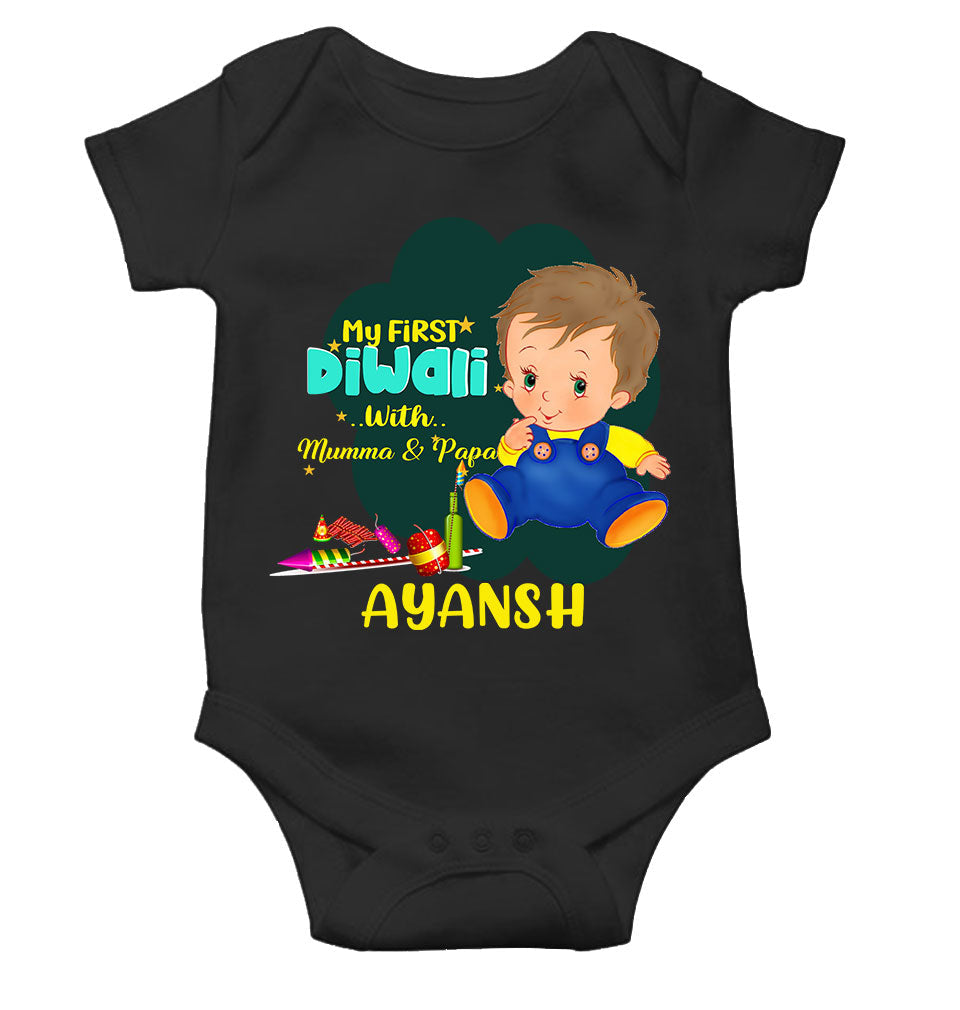 Custom Name My First Diwali With Mumma Papa Rompers for Baby Boy- FunkyTeesClub