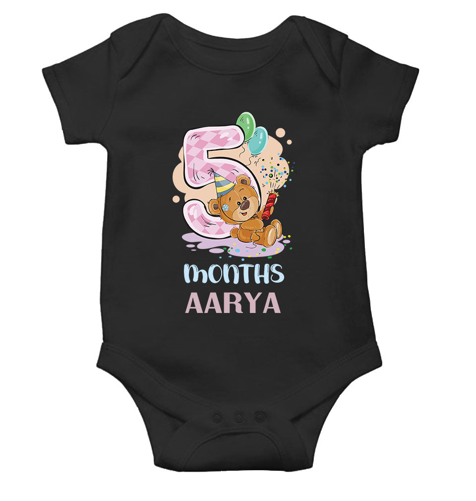 Custom Name 5 Month Birthday Teddy Design Rompers for Baby Girl- FunkyTeesClub