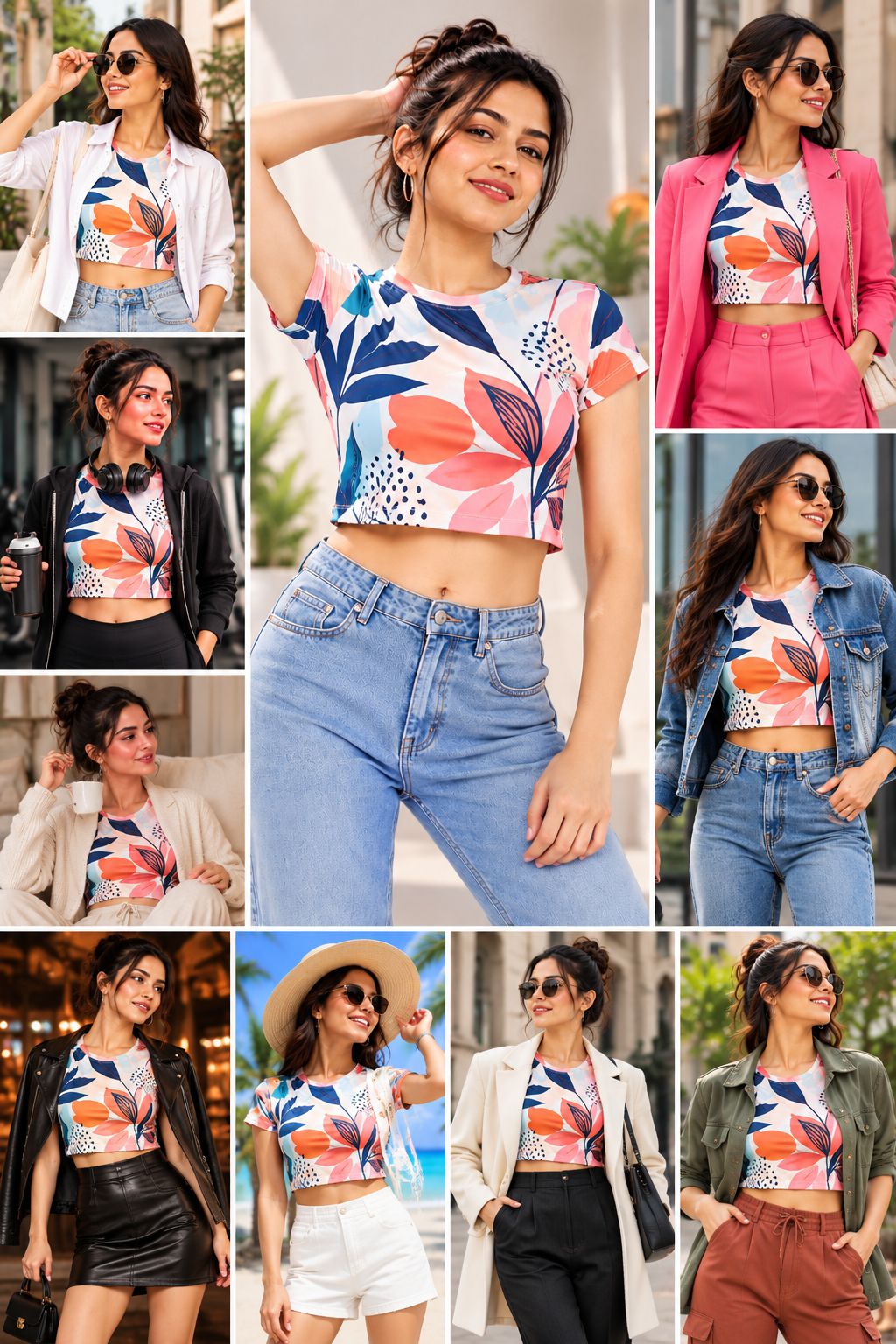 A 3x3 collage of women modeling the same cropped short-sleeve top in different outfits and settings. The top has a white base with large floral and abstract leaf prints in coral pink, peach, blue, and navy, plus small black dotted accents.