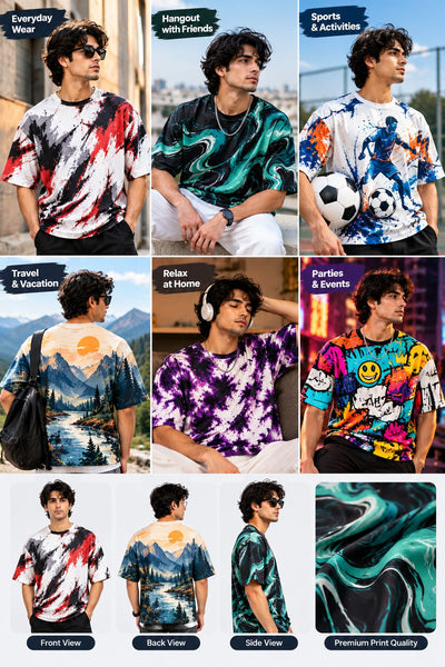 A 3x3 collage showing a men's short-sleeve graphic T-shirt from multiple angles and occasions, plus a close-up print sample. The shirt features bold abstract and scenic prints in many colors: black/white/red, teal/green, multicolor sports graphic, blue landscape, purple tie-dye, and a bright multicolor party design.