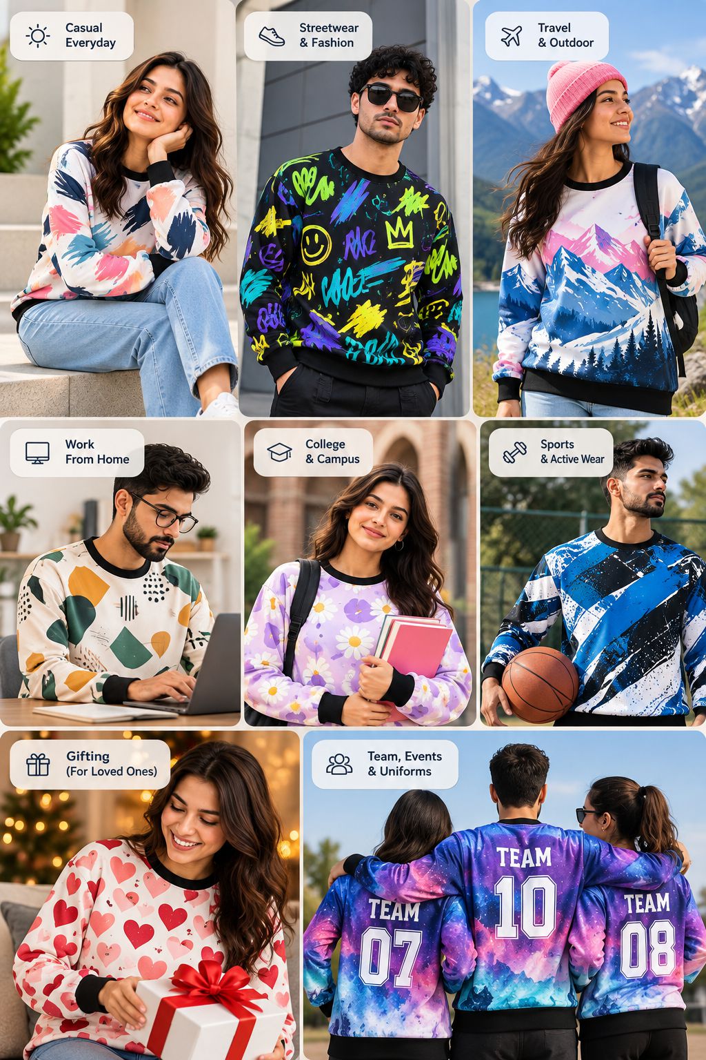 A 3x3 collage showing nine different people wearing colorful graphic sweatshirts in various lifestyle settings, including casual everyday, streetwear/fashion, travel/outdoor, work from home, college/campus, sports/action wear, gifting, and team/uniform use. Each panel features a model wearing a different vibrant patterned sweatshirt.