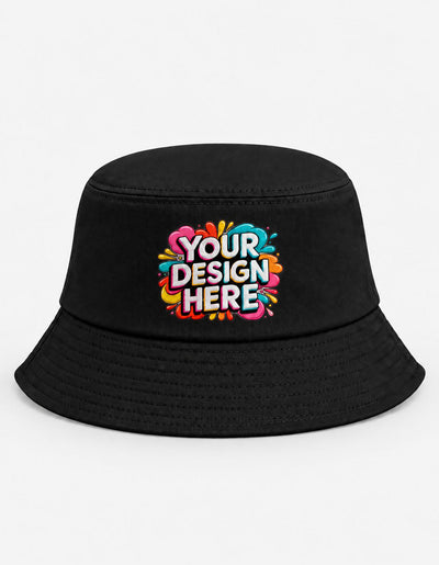 A black bucket hat with a colorful 'YOUR DESIGN HERE' mockup graphic on the front, set against a plain white background.