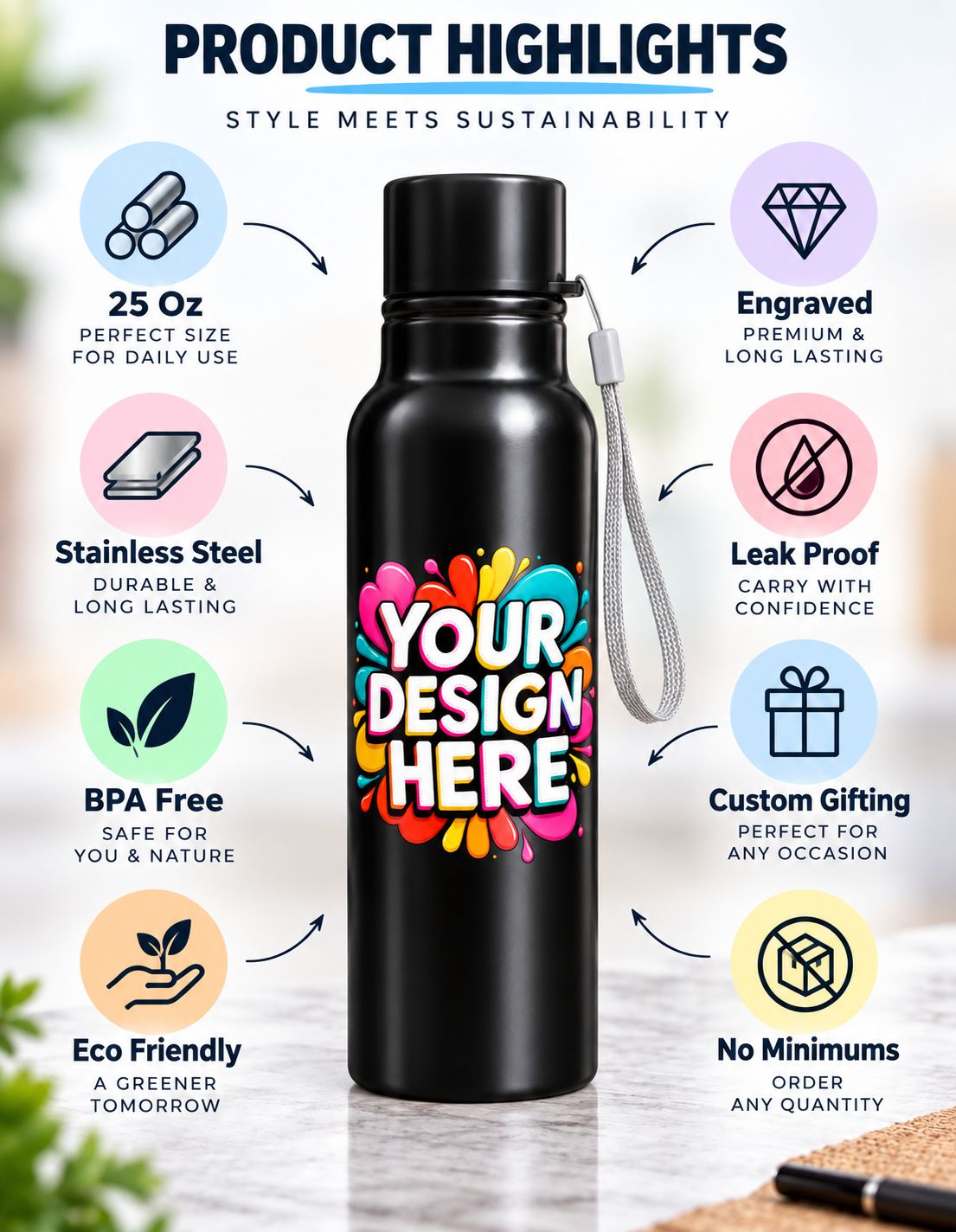 A black insulated water bottle with a colorful 'YOUR DESIGN HERE' graphic on the front, shown in a product highlights infographic with feature callouts such as 25 oz size, engraved design, stainless steel construction, leak proof, BPA free, eco friendly, and custom gifting.