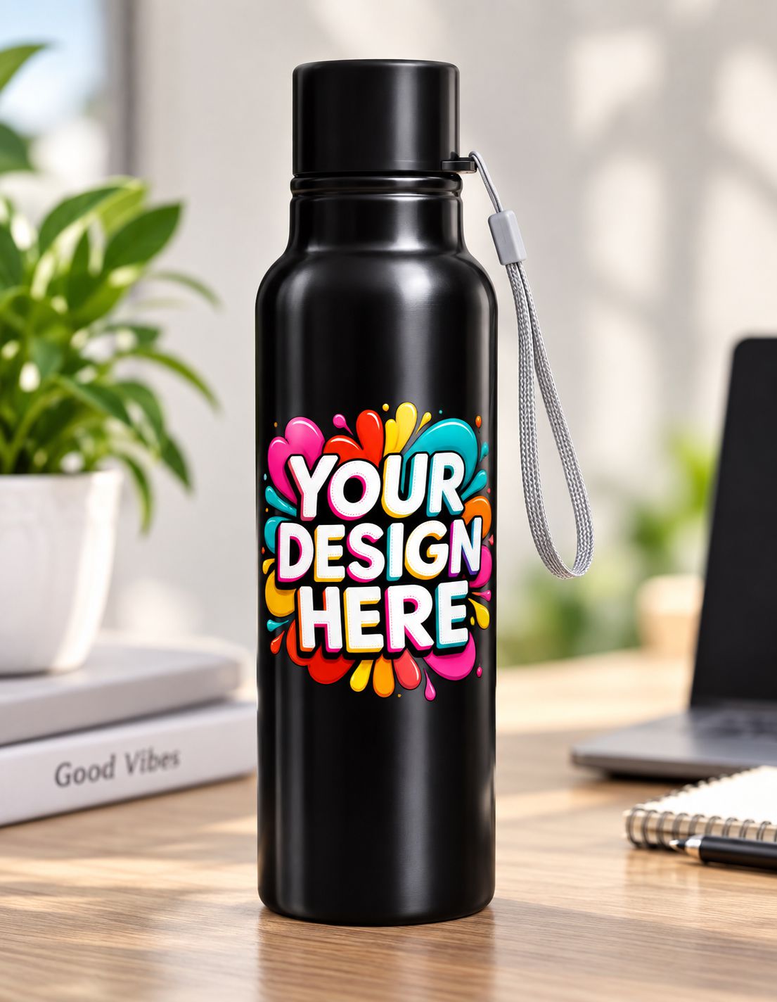 A black insulated water bottle with a wrist strap stands on a wooden desk in a bright office setting. The bottle features a colorful paint-splatter style graphic with the words 'YOUR DESIGN HERE' in white outlined lettering.