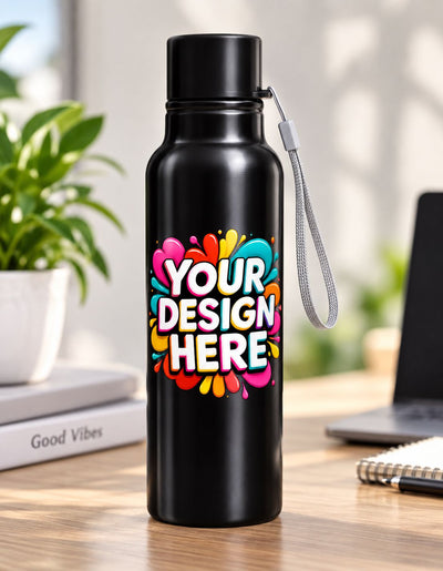 A black insulated water bottle with a wrist strap stands on a wooden desk in a bright office setting. The bottle features a colorful paint-splatter style graphic with the words 'YOUR DESIGN HERE' in white outlined lettering.