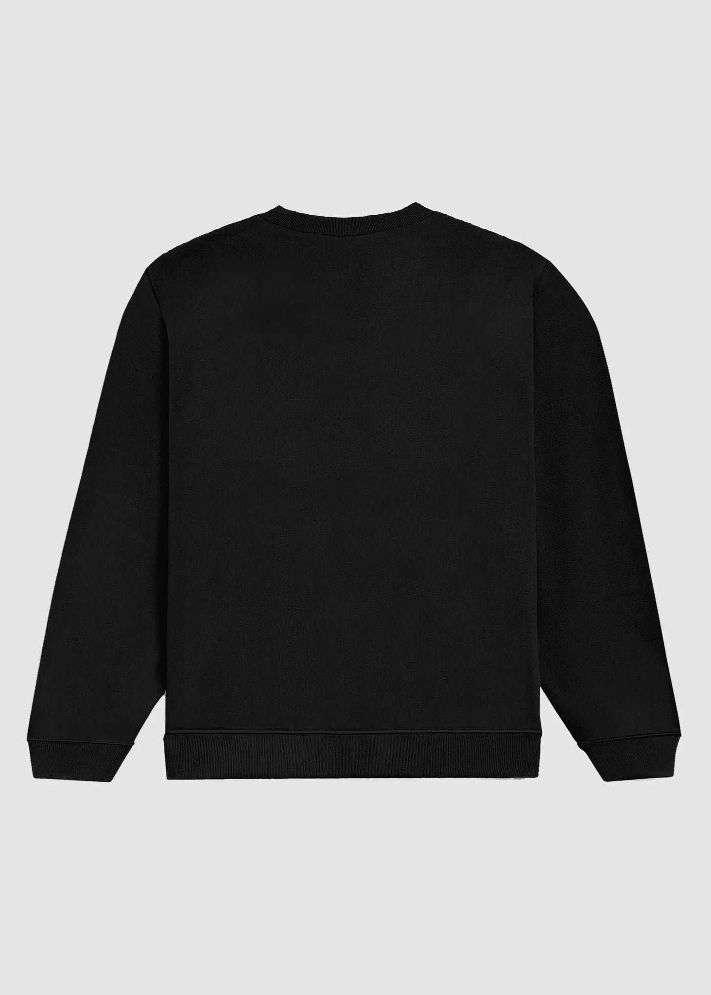 A black long-sleeve crewneck sweatshirt shown from the back, laid flat against a light gray background.