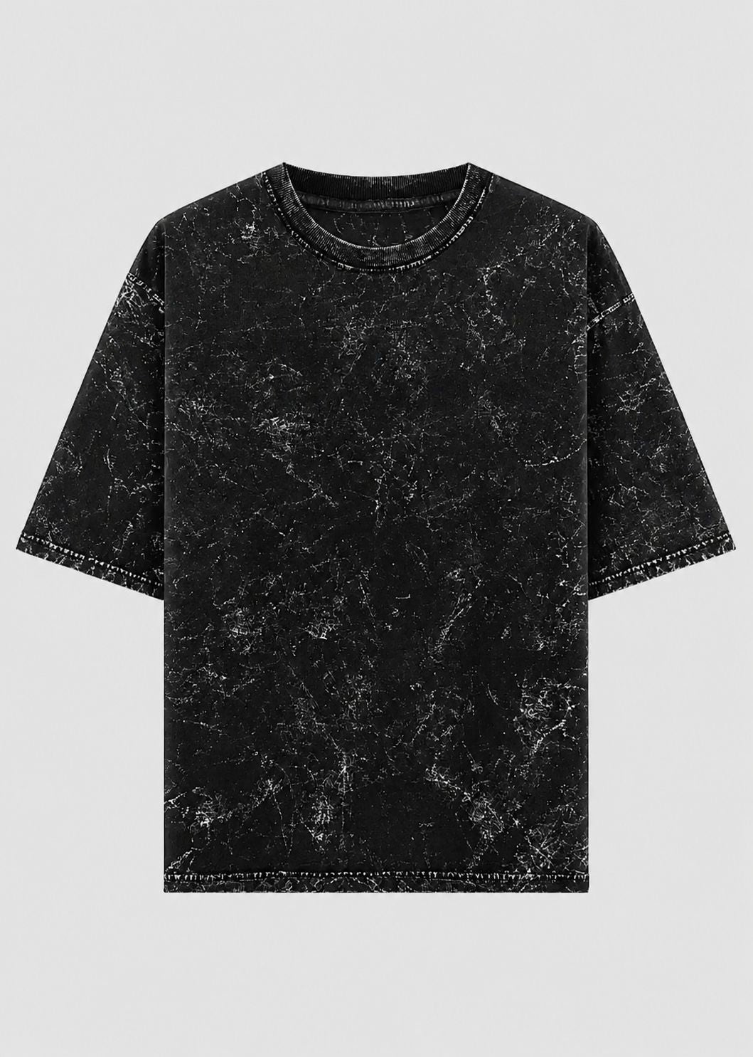 A black short-sleeve crewneck t-shirt with a white marble or distressed mineral-wash texture, shown flat against a light gray background.