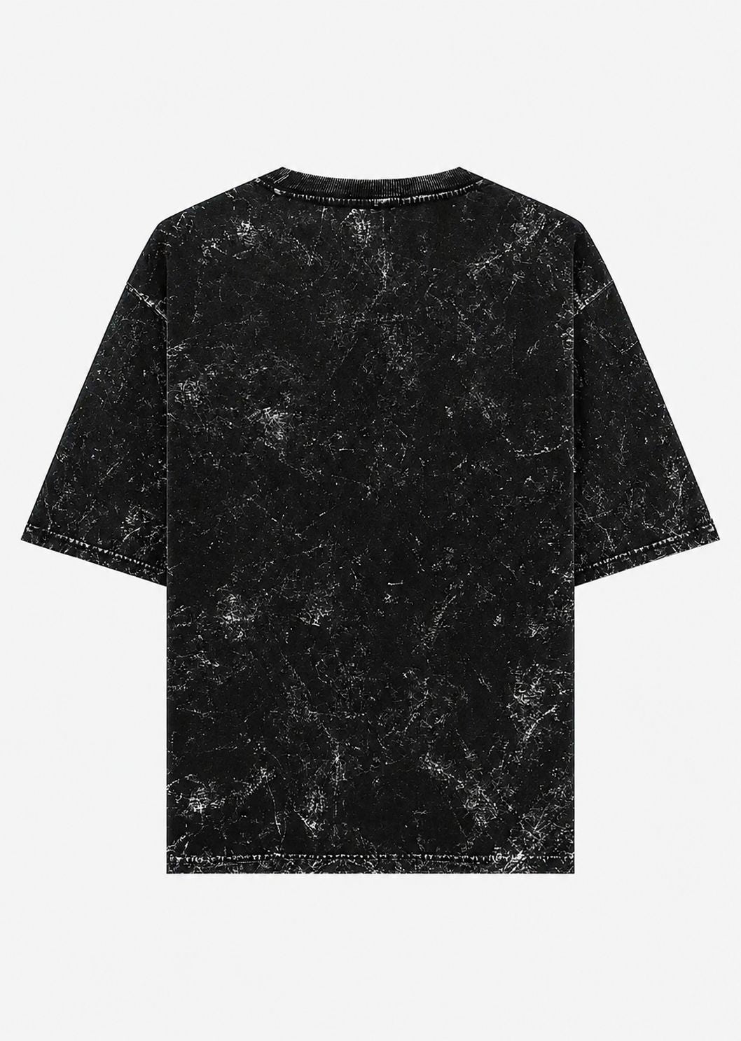 A black short-sleeve t-shirt with a white mineral-wash or distressed texture, shown from the back against a light gray background.