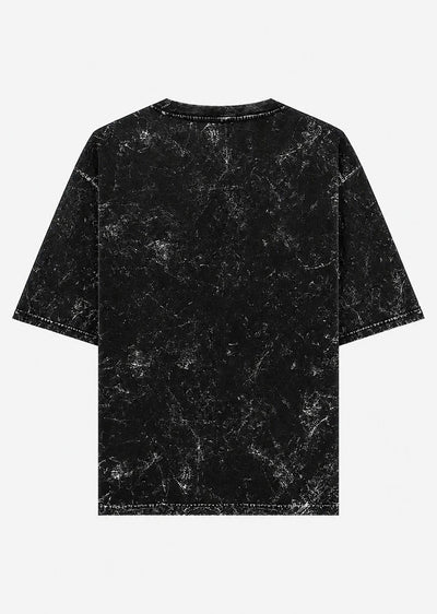 A black short-sleeve t-shirt with a white mineral-wash or distressed texture, shown from the back against a light gray background.