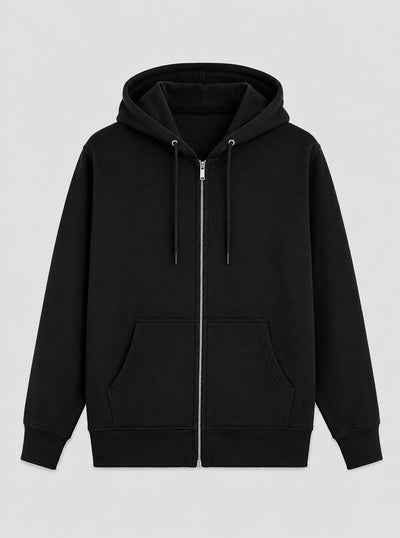 A black zip-up hoodie with a front zipper, drawstrings, and a kangaroo pocket, shown against a light gray background.