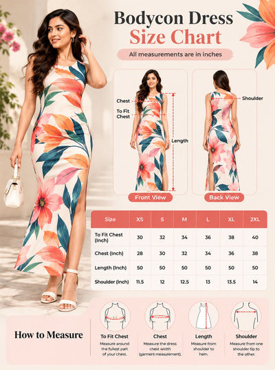 A bodycon dress size chart infographic showing a woman modeling a floral sleeveless maxi dress, with front and back view diagrams, a size table from XS to 2XL, and measurement instructions on a soft pink background.