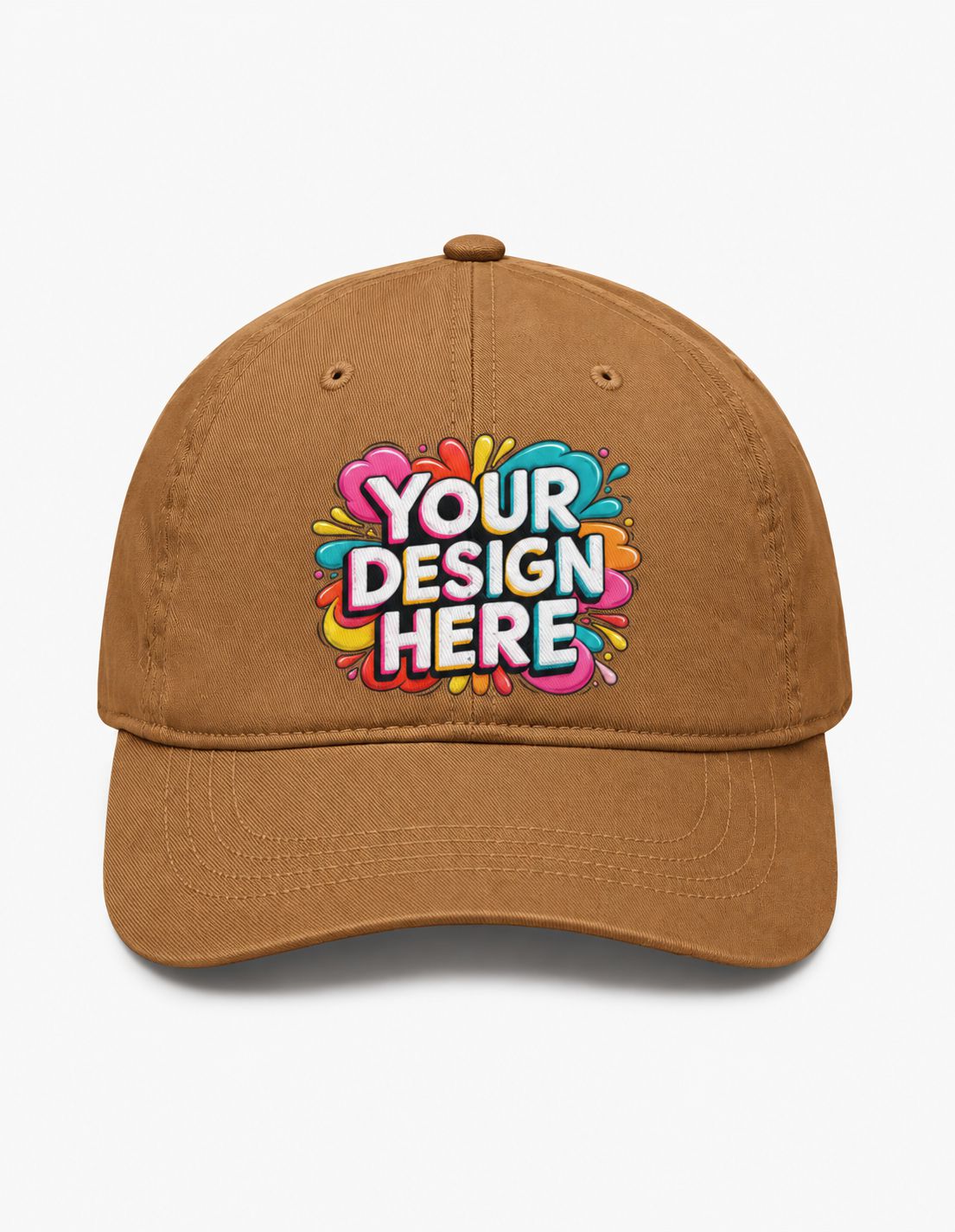 A brown baseball cap with a colorful 'YOUR DESIGN HERE' mockup graphic on the front, set against a plain light gray background.