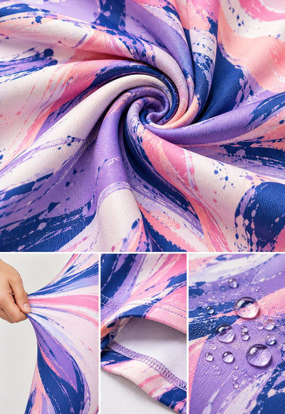 A close-up collage showing a lightweight fabric with a marbled paint-splatter pattern in pink, purple, blue, and white. The top panel shows the fabric arranged in a swirl, while the bottom panels show a hand stretching the material, a side seam detail, and water droplets on the surface to demonstrate breathability and texture.