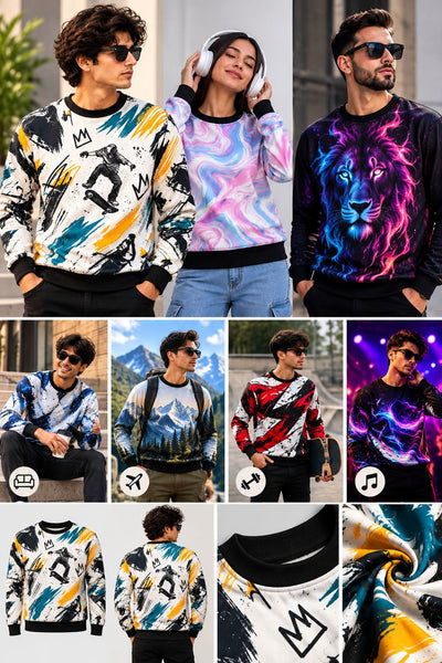 A collage of multiple models wearing colorful graphic crewneck sweatshirts, showing different print designs including abstract splatters, a lion graphic, mountains, and abstract patterns. The sweatshirts feature black ribbed cuffs and collars and are shown in both front and back views, alongside a close-up of a fabric texture.