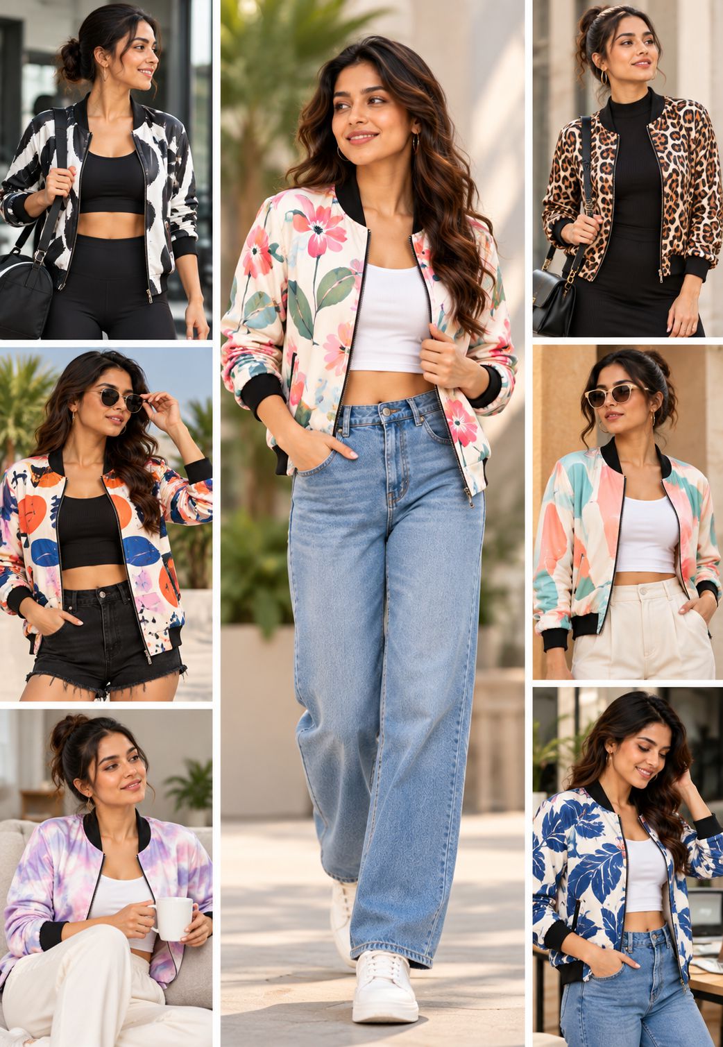 A collage of seven women modeling different floral and patterned bomber jackets in various outdoor and indoor settings. The jackets feature vibrant prints including pink, blue, orange, and leopard print, paired with jeans, shorts, and white tops.