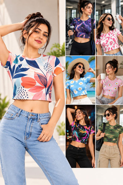 A collage of women modeling short-sleeve crop top t-shirts with colorful floral and abstract prints, paired with jeans and shorts in various outdoor and indoor settings.