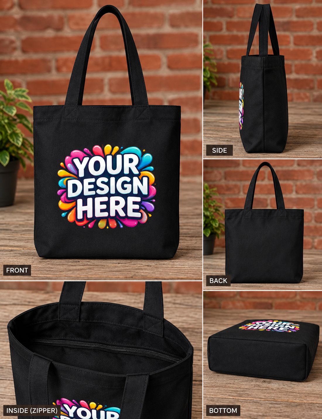 A collage showing a black tote bag from multiple angles on a wooden surface with a brick wall background. The main front view shows a colorful 'YOUR DESIGN HERE' graphic printed on the front.