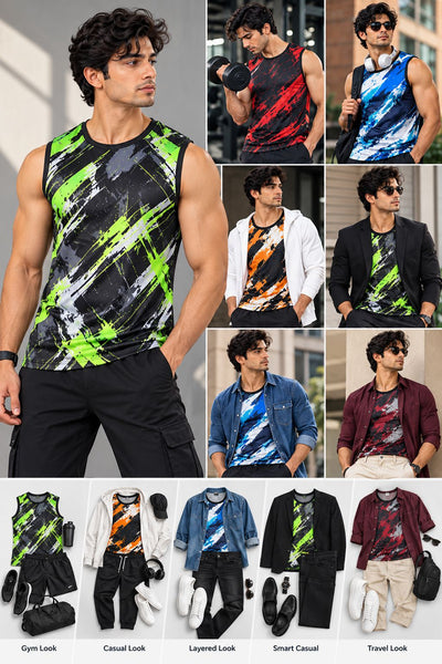 A collage showing a man modeling sleeveless athletic tank tops in multiple colorways, with additional flat-lay outfit combinations at the bottom. The featured top has a bold abstract brushstroke pattern in black, gray, and neon green.