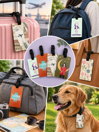 A collage showing multiple luggage tags attached to different travel items and worn by a person, with a golden retriever also present. The tags feature illustrated designs and text such as 'THINK POSITIVE' and 'GO GO VITAL.
