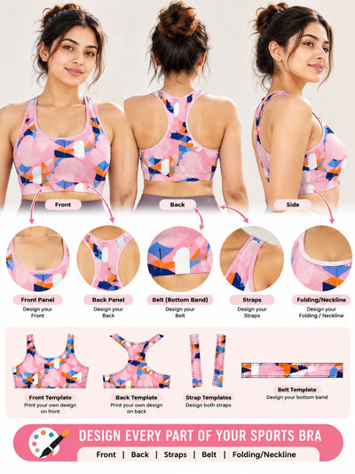 A composite infographic showing a pink sports bra design template with front, back, and side views of a model wearing the bra, plus circular close-ups of panels and bottom band details, plus small front/back/strap/belt template illustrations. Text reads 'Front Panel', 'Back Panel', 'Belt (Bottom Band)', 'Straps', 'Folding/Neckline', and 'Design Every Part of Your Sports Bra'.