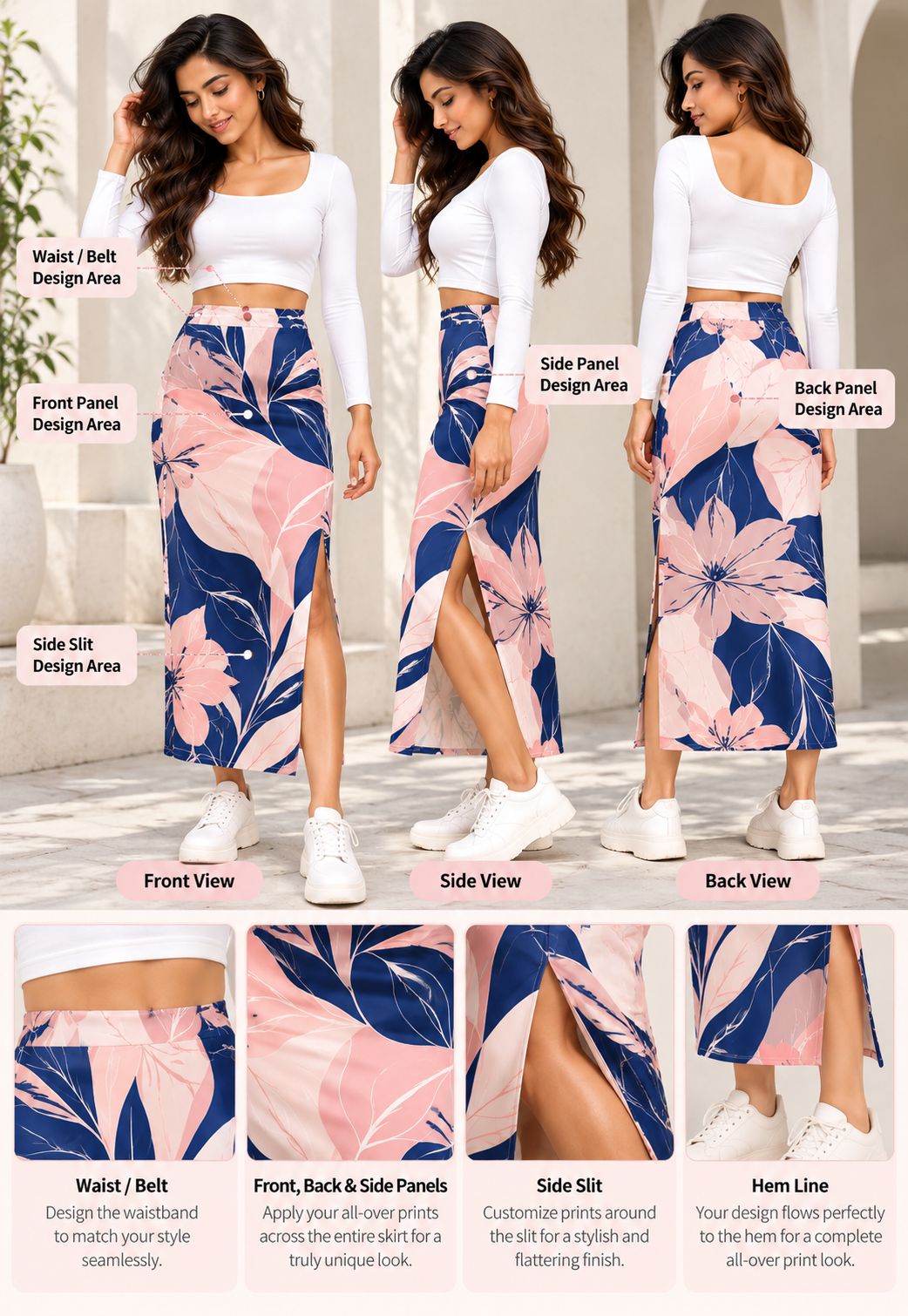 A composite product presentation of a floral midi skirt shown on a model from multiple angles, with labeled front, side, and back views, plus a row of detail callouts at the bottom explaining waist/belt, front/back/side panels, side slit, and hem line.