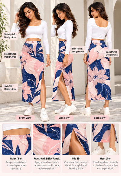 A composite product presentation of a floral midi skirt shown on a model from multiple angles, with labeled front, side, and back views, plus a row of detail callouts at the bottom explaining waist/belt, front/back/side panels, side slit, and hem line.