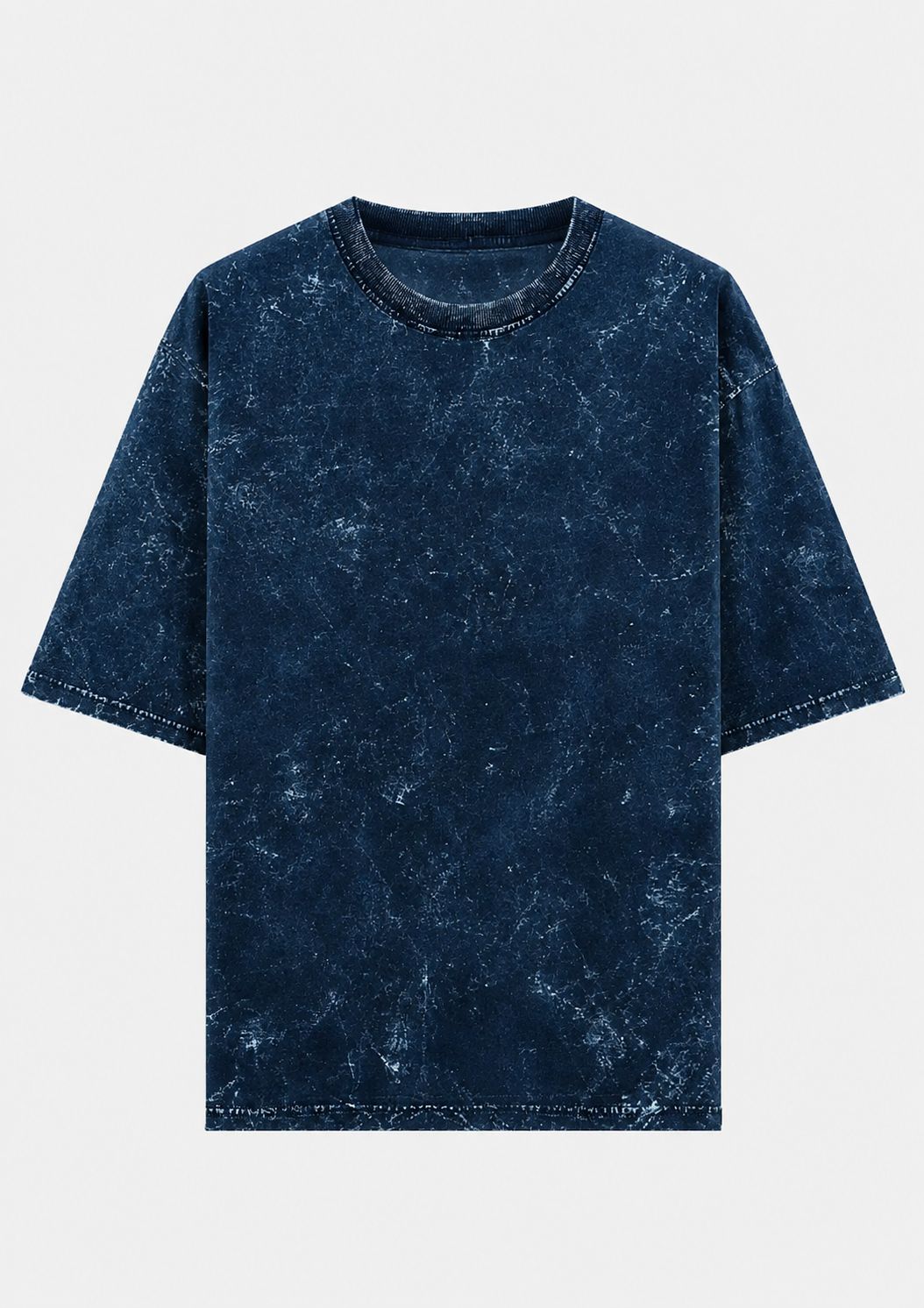 A dark blue short-sleeve t-shirt with a white mineral-wash or acid-wash marbled pattern, displayed flat against a light gray background.