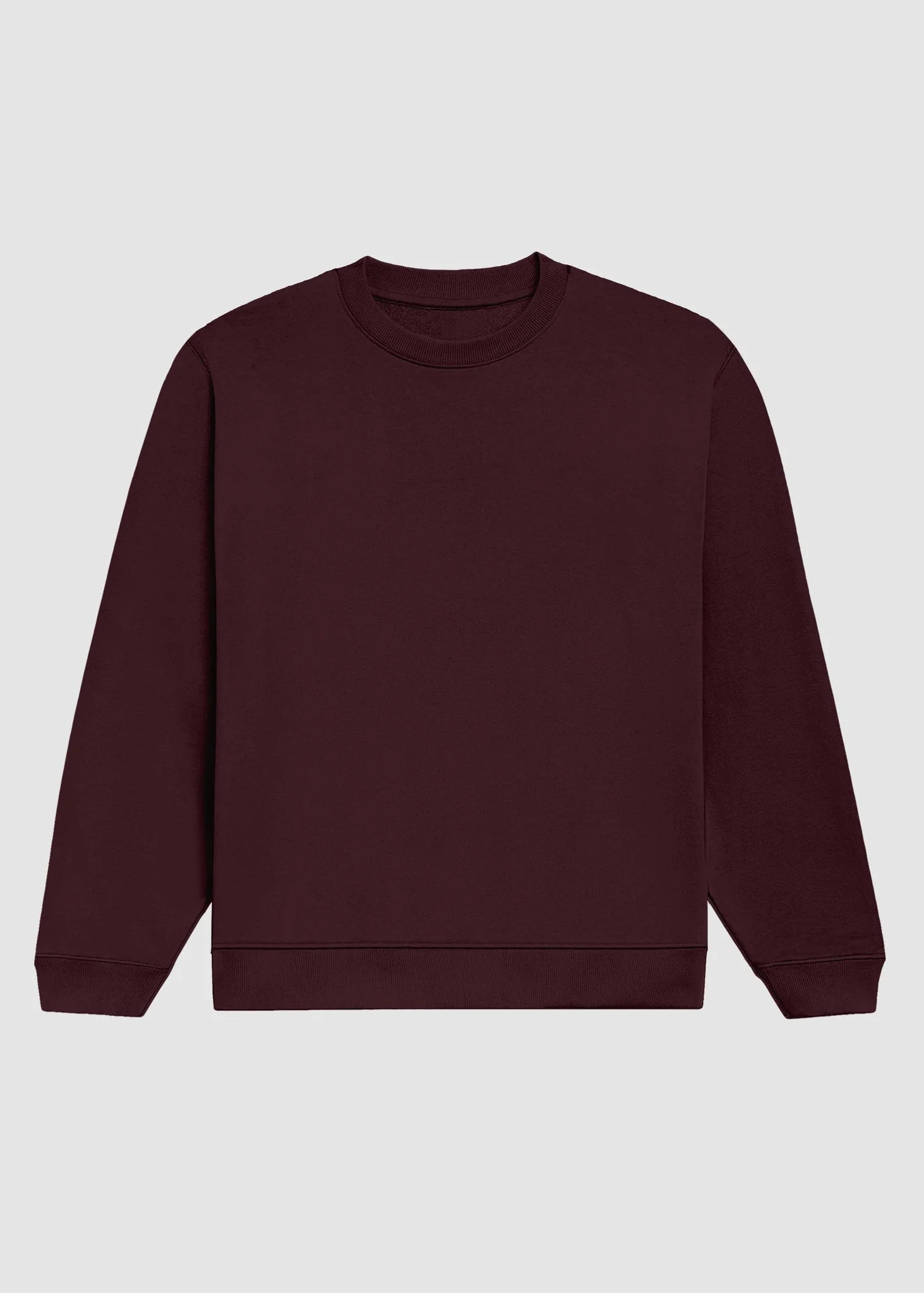 A dark burgundy crewneck sweatshirt with long sleeves, shown flat against a light gray background.
