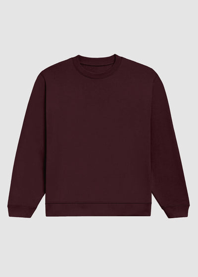 A dark burgundy crewneck sweatshirt with long sleeves, shown flat against a light gray background.