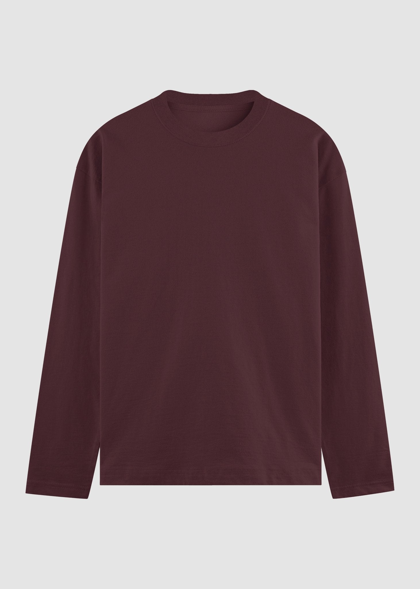 A dark burgundy long-sleeve crewneck t-shirt displayed flat against a light gray background.