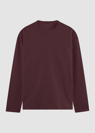 A dark burgundy long-sleeve crewneck t-shirt displayed flat against a light gray background.