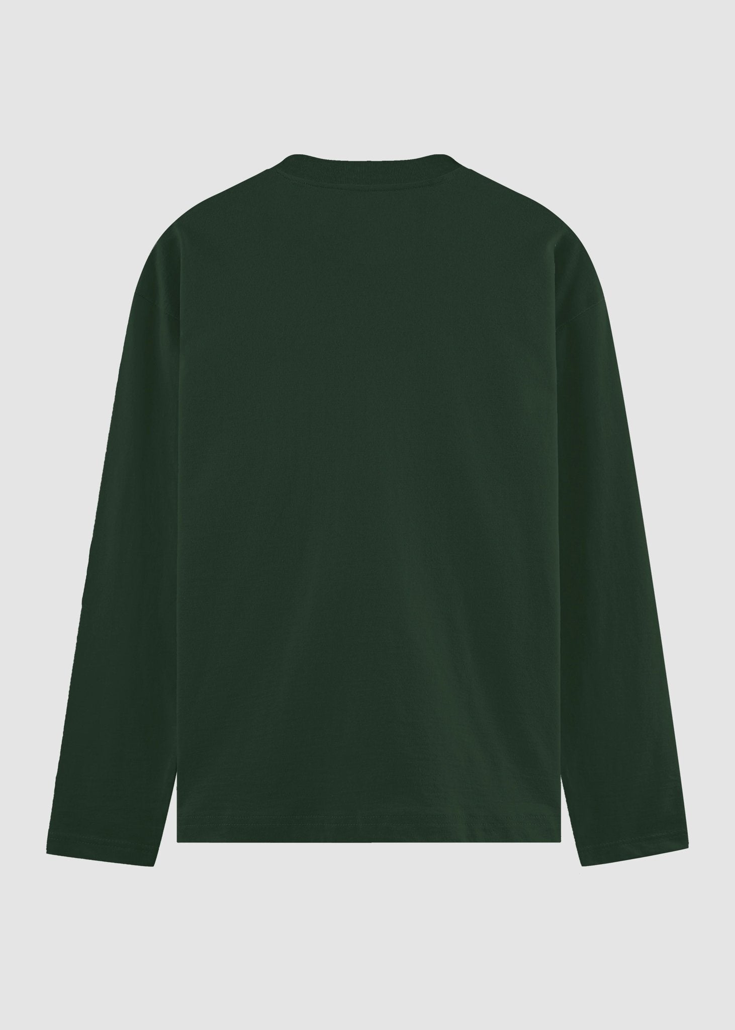 A dark forest green long-sleeve crewneck shirt shown from the back, laid flat against a light gray background.