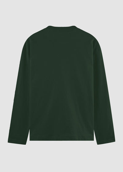 A dark forest green long-sleeve crewneck shirt shown from the back, laid flat against a light gray background.