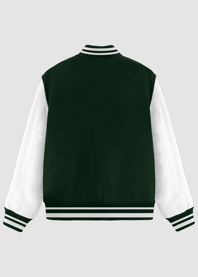 A dark green and white varsity jacket shown from the back, featuring a solid green back panel, white sleeves, and striped ribbed collar, cuffs, and hem.