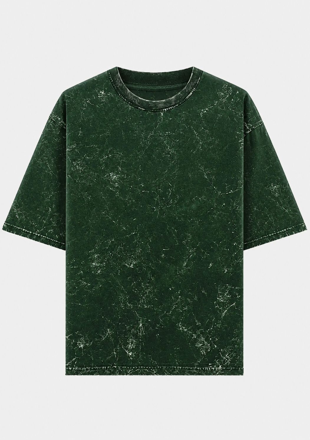 A dark green short-sleeve t-shirt with a white marble or distressed stone pattern, displayed flat against a light gray background.