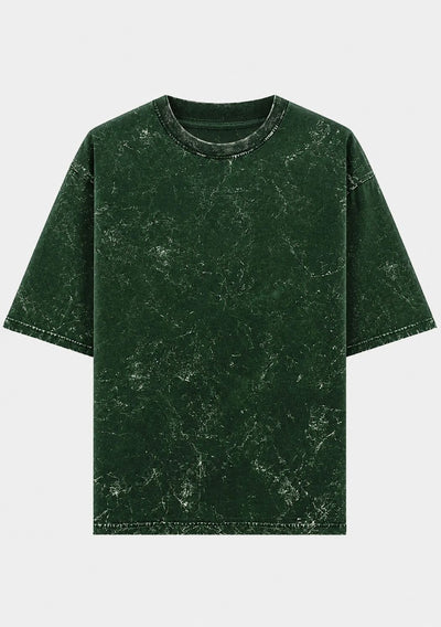 A dark green short-sleeve t-shirt with a white marble or distressed stone pattern, displayed flat against a light gray background.
