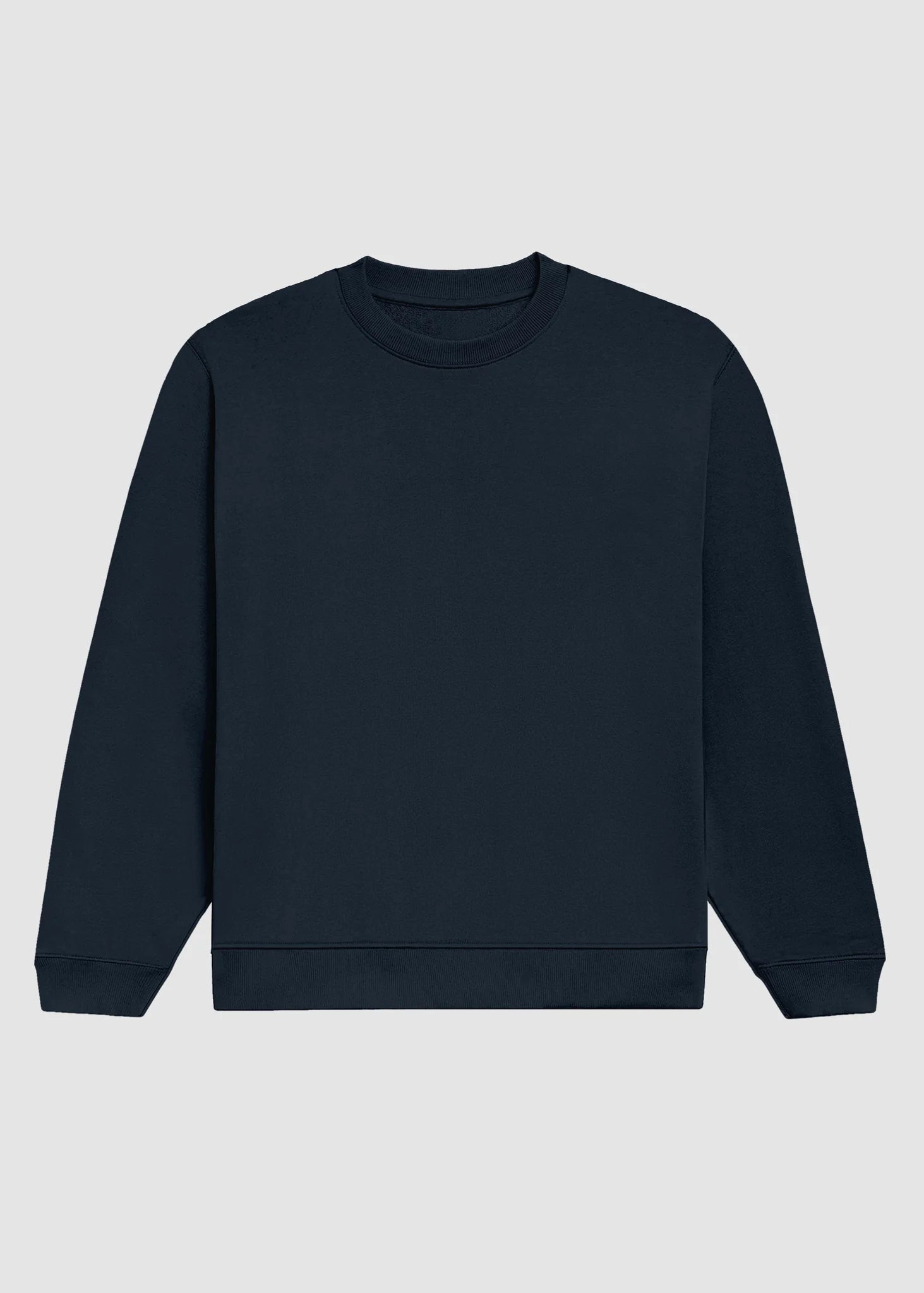 A dark navy blue crewneck sweatshirt with long sleeves and ribbed cuffs and hem, displayed flat against a light gray background.