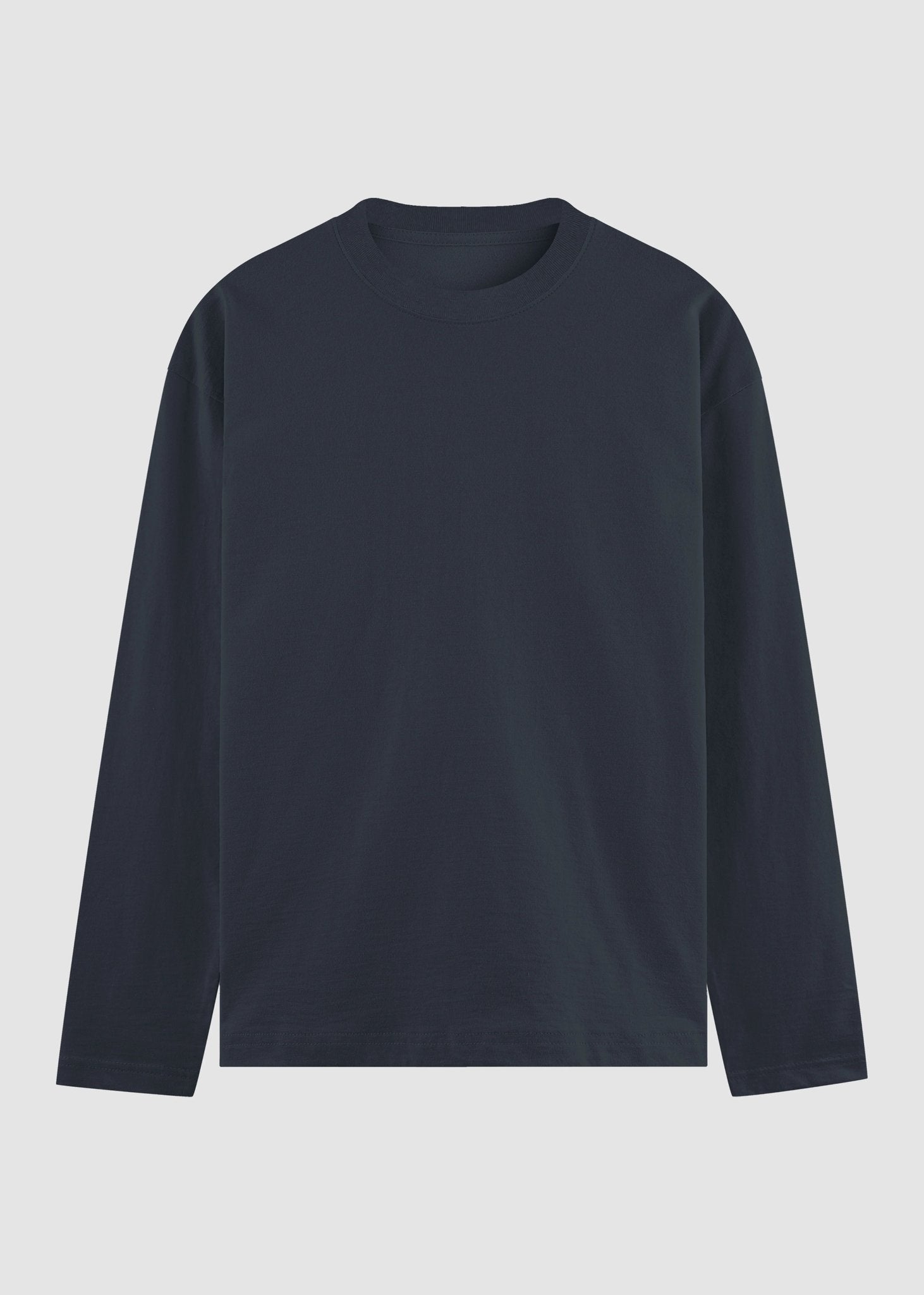 A dark navy blue long-sleeve crewneck t-shirt displayed flat against a light gray background.