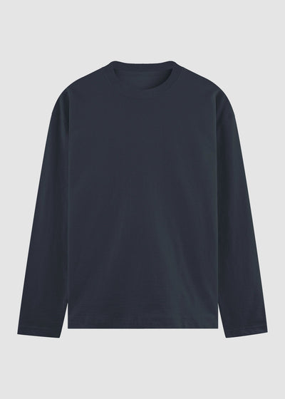 A dark navy blue long-sleeve crewneck t-shirt displayed flat against a light gray background.