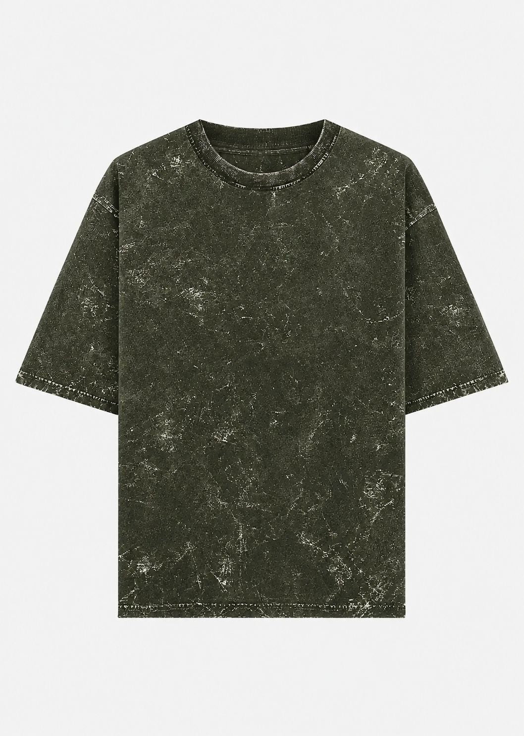 A dark olive green short-sleeve t-shirt with a distressed, mineral-wash texture, shown flat against a light gray background.