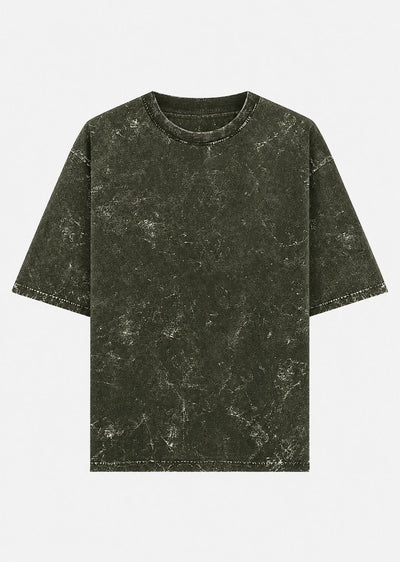 A dark olive green short-sleeve t-shirt with a distressed, mineral-wash texture, shown flat against a light gray background.
