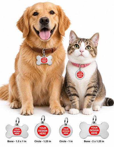 A golden retriever and a tabby cat sit side by side wearing matching pet ID tags on collars, with four smaller tag examples shown along the bottom. The tags are silver-toned bone- and circle-shaped metal ID badges with a red circular insert and placeholder text.