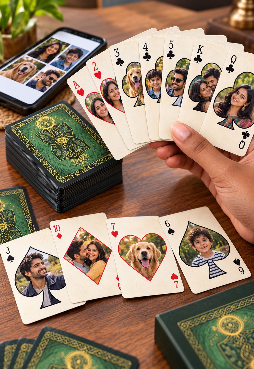 A hand holds a fan of custom playing cards with printed pet and family photos, with a deck of matching custom cards on a wooden table. A smartphone in the background shows additional photo options.