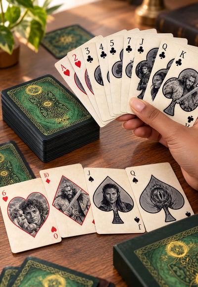A hand holds a fan of fantasy-themed playing cards over a wooden table, with additional cards and matching dark green illustrated card backs visible around it.