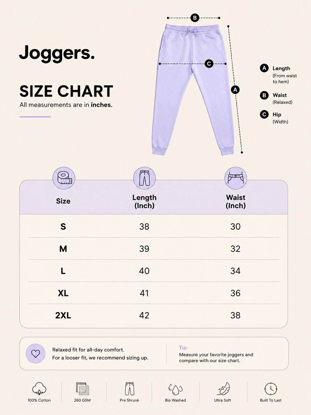 A jogger size chart graphic showing a light lavender pair of joggers with measurement callouts for length, waist, and hip, plus a size table from S to 2XL with corresponding inch measurements on a pale beige background.